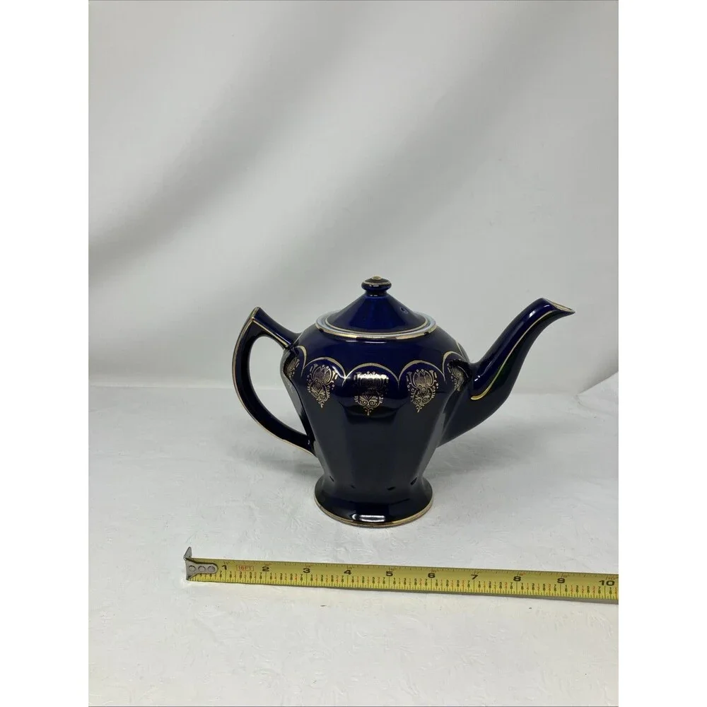 Hall USA Teapot Cobalt Blue & Gold 0223 Blue w Gold Trim 6 Cup Albany Model